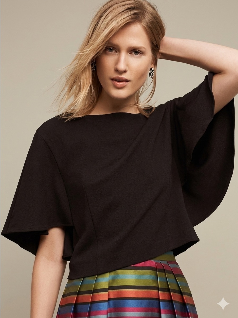 Anthropologie Eri + Ali Black Textured Draped Flutter Sleeve Cropped Top Medium